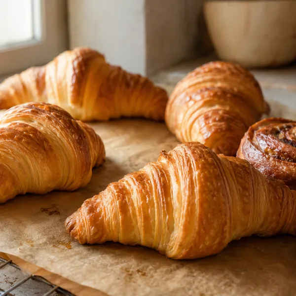Golden flaky butter croissants and morning buns cooling on brown baking paper