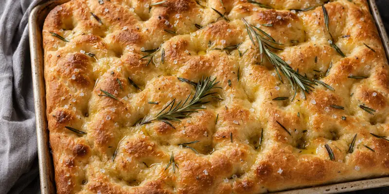 Close-up of golden rosemary sea salt focaccia with olive oil dimples and flaky salt crystals