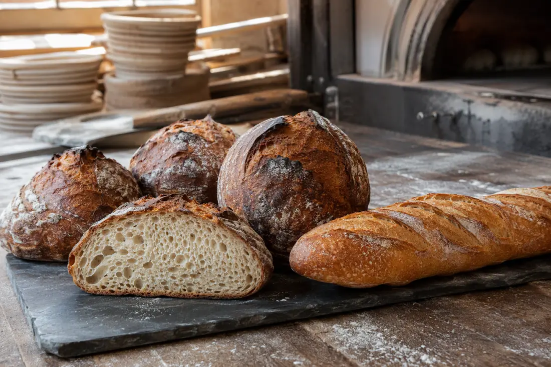 Freshly baked sourdough batards and a golden baguette resting on a baker's table with a dusting of flour