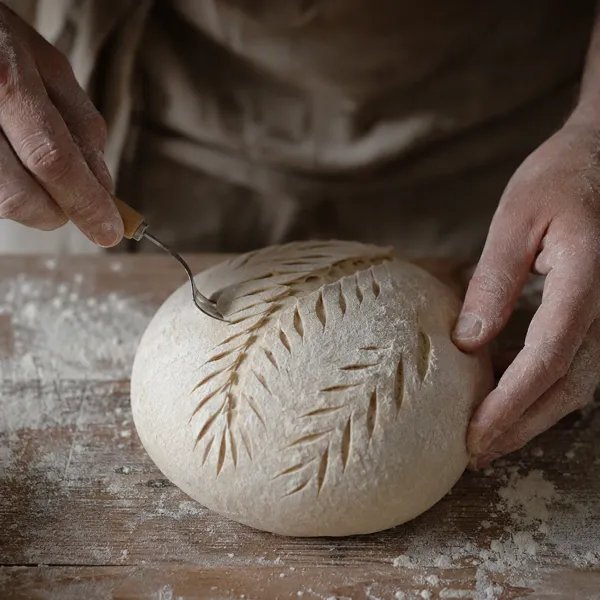 Baker's hands scoring an intricate leaf pattern into proofed sourdough loaf with a curved blade